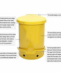Heavy Duty Galvanized Steel Oily Waste Can Built Tough As Nails For Shop Use With Hands Free Kick Lever And Rust Proof Finish For Fire Safe Rag Pickup In Garages, yellow cylindrical design with foot pedal.