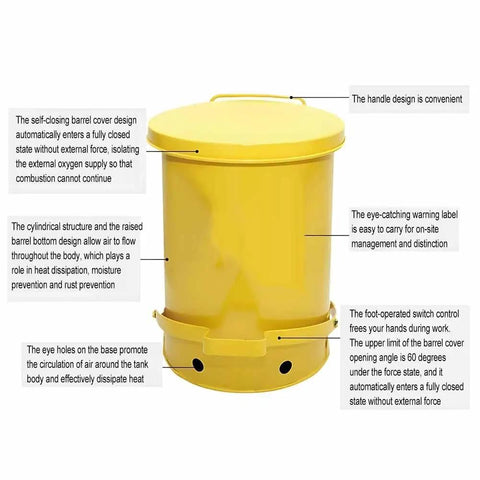 Heavy Duty Galvanized Steel Oily Waste Can Built Tough As Nails For Shop Use With Hands Free Kick Lever And Rust Proof Finish For Fire Safe Rag Pickup In Garages, yellow cylindrical design with foot pedal.
