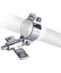 Clamp-on oarlock socket in 316 stainless steel for boats; side view with mounting plate and screws