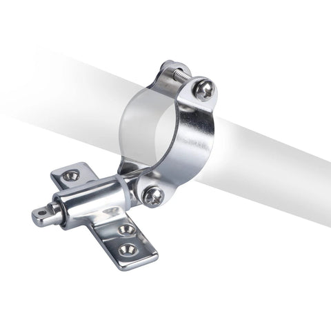 Clamp-on oarlock socket in 316 stainless steel for boats; side view with mounting plate and screws