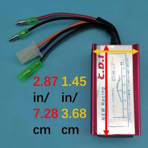 Plug And Play CDI Box Fit For Polaris Eton Yamaha Jog Zuma Viper Predator 50 90 49cc 50cc 70cc 90cc 110cc 125cc Rxl dimensions shown.