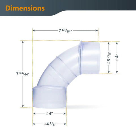 Four Inch ID OD Ninety Degree Elbow And Dust Collector Bag Kit With Thirty Micron Filter And Key Hose Clamp dimensions diagram