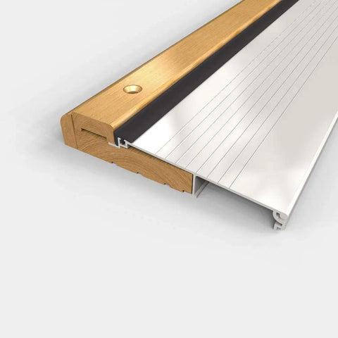 Adjustable Exterior Door Threshold With Aluminum Build And Solid Oak Riser 36 Inch Long Five Point Seven Five Inch Wide One And One Eighth Inch High