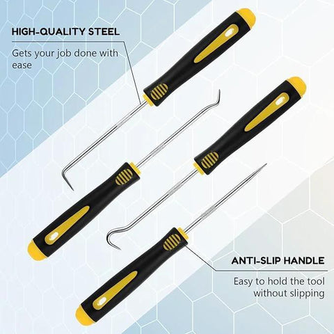 4-piece precision pick and hook set with non-slip black-yellow handles for automotive O-ring and seal removal