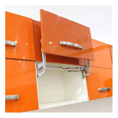 Silent Automatic Cabinet Door Hinge Set With Pneumatic Sliding Action for smooth, quiet opening on orange overhead cabinet