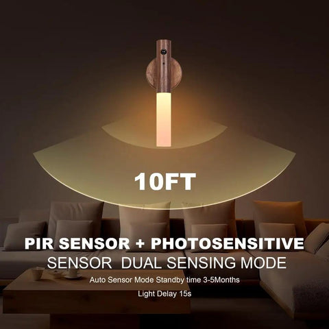 Wooden Motion Sensor Night Lights With Magnetic Body Sensor Dual Mode LED Light activating in a dimly lit room.