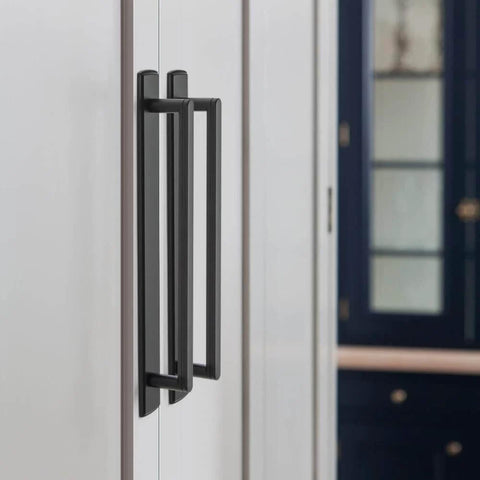Modern Matte Black Cabinet Pull Handle With Backplate Featuring Grooved Texture And Non Slip Grip For Farmhouse And Industrial Kitchen Cabinets Goo Ki Two Pack Seven And Nine Sixteenths Inch installed on cabinet door