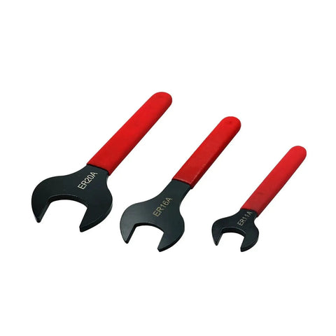 Heavy Duty ER11 A Type Collet Chuck Holder With Spindle Nut Wrench For CNC Milling Machine And Lathe Tools, three spanners with red handles.
