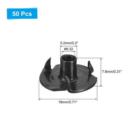 Fifty Piece 8-32 T Nuts Set Featuring Zinc Plated Carbon Steel Construction With Three Pronged Tee Nut Design For Hella Secure Bouldering Holds And Professional Woodworking Projects In Sleek Black Finish close-up showing dimensions and details.