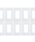 10 pack of white 1 Gang Decora Plus Screwless Wall Plate Snap On Mount for outlets and switches, displayed on a flat surface.
