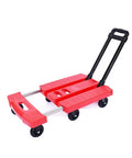 Foldable Hand Truck Dolly With 6 Wheels For Home Office And Travel Ultra Lightweight Portable Trolley Cart 330 Lbs Capacity Stretchable Handle Red Platform Cart For Easy Gear Transport, red folded view