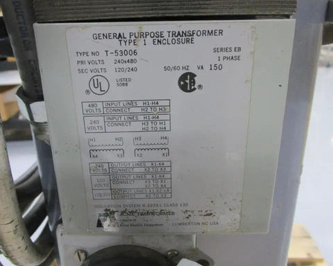 General Purpose Transformer Type 1 Enclosure labeled with input and output specifications for 240/480 volts.