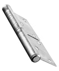 Close-up of heavy duty 5 inch weld on detachable flag door hinge with cylindrical pin, rust resistant iron hardware.