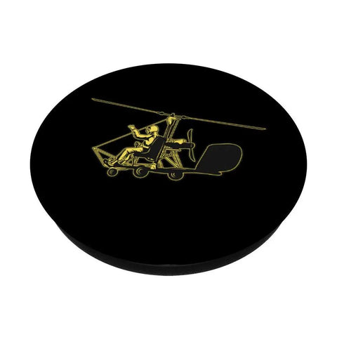 Airfield Ready Gyrocopter Design PopGrip Swappable Phone Grip with gold gyrocopter illustration on black background