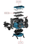 Engine Model Kit For Adults With Over 300 CNC Machined Metal Parts And Integrated Electronic Modules Anodized Aluminum Realistic Car Engine STEM Educational Build Kit For Hands On Mechanical Engineering exploded view with valve cover, overhead cam, and oil pan