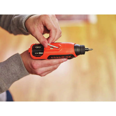 Person using 4V Max Cordless Electric Screwdriver With 180 RPM 8 Bits And Rotating Bit Cartridge Built In Storage LED Light For Quick Bit Access