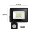 JUDYSSY Pir Motion Sensor Led Flood Light Waterproof Spotlights 20W with PIR sensor, dimensions 123mm x 105mm.