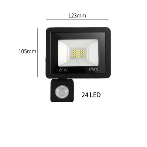JUDYSSY Pir Motion Sensor Led Flood Light Waterproof Spotlights 20W with PIR sensor, dimensions 123mm x 105mm.