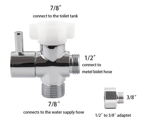 Solid Brass Bidet T Adapter With Shut Off Valve Chrome Plated Tee Connector For Toilet 7/8 Inch By 7/8 Inch By 1/2 Inch Or 3/8 Inch One Lever Twist Control No Fuss Quick Install, chrome valve with 7/8-inch and 1/2-inch fittings