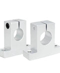 Two No-Fuss Universal Linear Rod Rail Shaft Support Bearing Frames side by side, made of corrosion-resistant aluminum for 8-60 mm shafts.