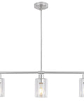 Three Light Kitchen Island Pendant In Brushed Nickel With Glass Shade, 31 Inch Modern Linear Chandelier with clear glass shades