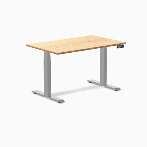 Top Tier Dual Motor Electric Height Adjustable Standing Desk With A Roomy 80 Inch Wide Bamboo Top And Sleek Matte Black Frame.
