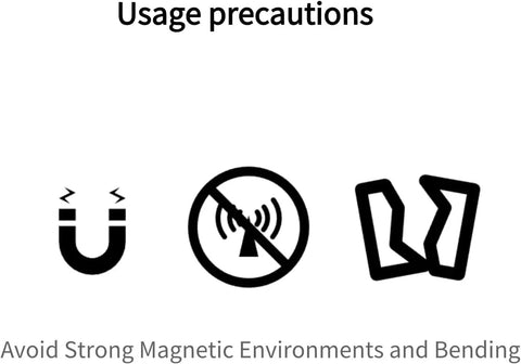 Usage precautions for Straight Up Premium Genuine Key Card Replacement Pair For Tesla Model Two showing icons for magnetic fields, signals, and bending.
