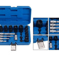 Solid 17 Piece Brake Caliper Socket Set Made From Heavy Chrome Vanadium Steel With Hex Adapters For 1/2 And 3/8 Inch Ratchets Plus Tough Storage Case To Keep Your Garage Tools Nice And Organized. Blue case with brake caliper sockets and hex adapters