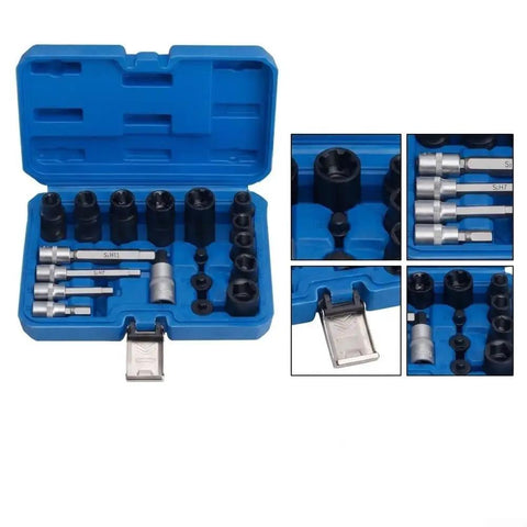 Solid 17 Piece Brake Caliper Socket Set Made From Heavy Chrome Vanadium Steel With Hex Adapters For 1/2 And 3/8 Inch Ratchets Plus Tough Storage Case To Keep Your Garage Tools Nice And Organized. Blue case with brake caliper sockets and hex adapters