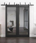 Lucia 1299 Interior Barn Bypass Sliding Doors With Mirror, Solid Wood, 48x96 Inches, Black Finish, shown in a modern living space.