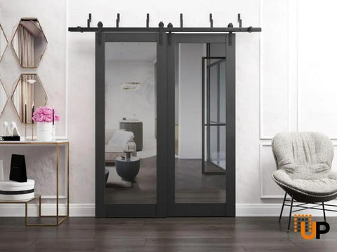 Lucia 1299 Interior Barn Bypass Sliding Doors With Mirror, Solid Wood, 48x96 Inches, Black Finish, shown in a modern living space.