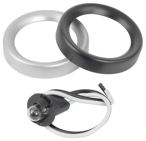 Front view of JEGS 2-1/16” mechanical oil pressure gauge with black face, black and silver bezels, and wired sensor.