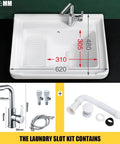 Ceramic Laundry Sink - Single Bowl Bathroom Vessel Sink, Semi-Recessed Square Design With Washboard, shown with faucet and drainage components.