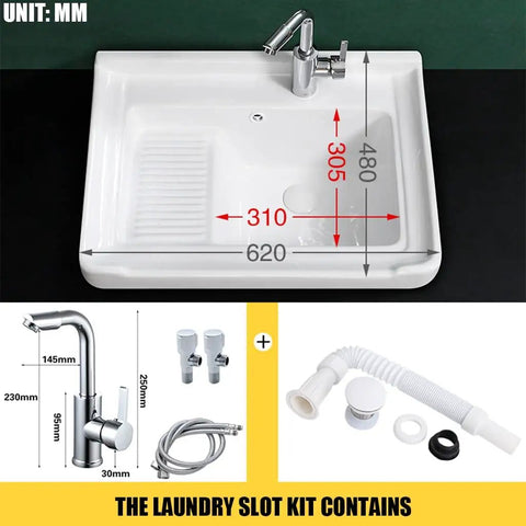 Ceramic Laundry Sink - Single Bowl Bathroom Vessel Sink, Semi-Recessed Square Design With Washboard, shown with faucet and drainage components.
