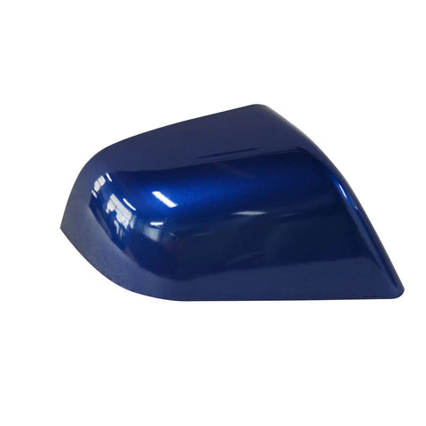 Top Shelf Blue Front Side Mirror Lower Cover Cap For Tesla Model 3 Rearview Wing Tray Replacement Right Side Auto Exterior Trim viewed from side, glossy blue finish.