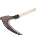 Lightweight Manganese Steel Garden Weeding Tool With Portable Double Edged Sickle, wooden handle, angled view for weeding and harvesting