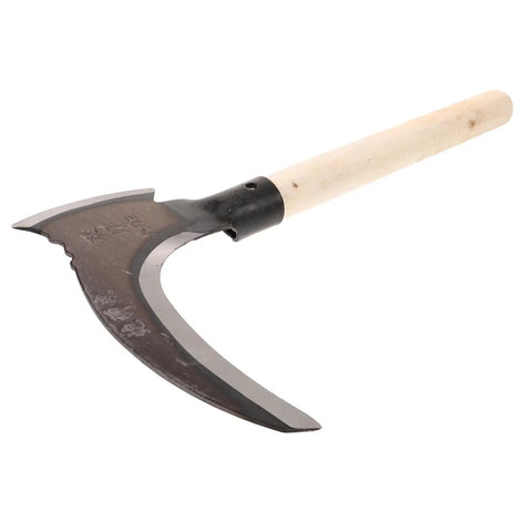 Lightweight Manganese Steel Garden Weeding Tool With Portable Double Edged Sickle, wooden handle, angled view for weeding and harvesting