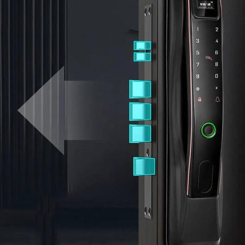 Close-up of the Smart Video Door Lock With Digital Fingerprint Scanner And Remote Access featuring locking mechanism.