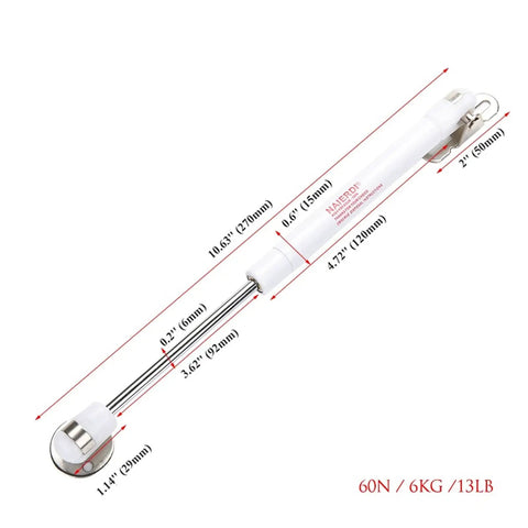 Four Pack Brass Core Gas Spring Hinge For Kitchen Cabinets, Hydraulic Door Lift Assist, white finish, dimensions shown