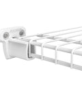 Close-up of a single low-profile wire shelf bracket with anchor attached to white wire shelving