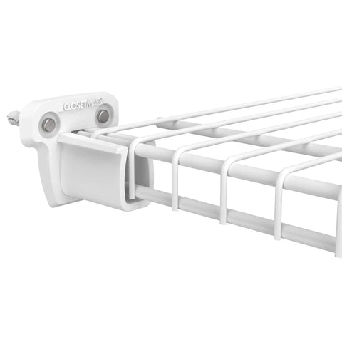 Close-up of a single low-profile wire shelf bracket with anchor attached to white wire shelving