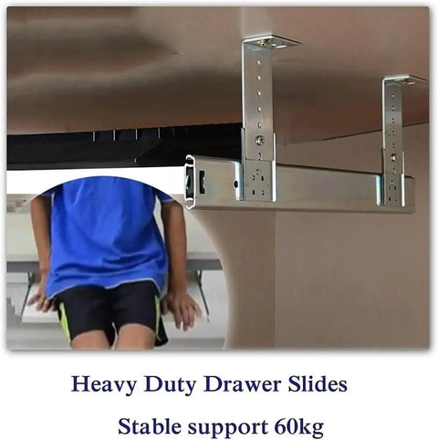 Heavy-duty drawer slides installed under desk supporting weight, showing stability for Telescopic Drawer Slides For Keyboard Tray Under Desk.
