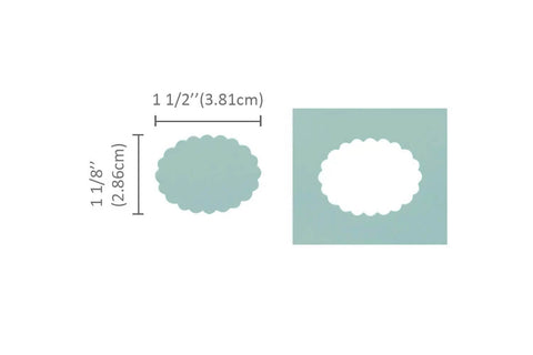 1.5 Inch Scalloped Ellipse Craft Punch cuts 1.5 x 1.125 inch shapes for scrapbooking and DIY card projects, lever action, compact size.
