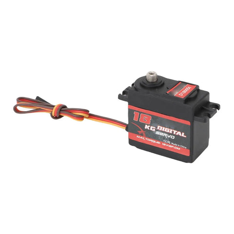Heavy Duty Metal Gear Digital Servo Crushing 18kg Torque And Serving Up Smooth 180 Degree Rotation For Rc Cars Trucks Boats Robots Lightweight Aluminum Alloy Design, close-up view with wire.