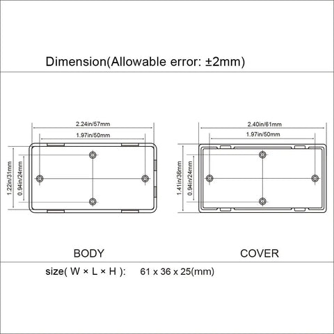 Dimensions diagram of Slick Abs Project Box 10 Pack Built Tough Heavy Duty Electrical Enclosure 2.4 X 1.4 X 1 Inch.
