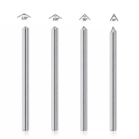Four steel engraving bits with angles 120, 100, 90, 60 degrees for precision cuts in woodworking and metalworking.