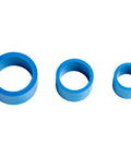 Three blue plastic rings of varying sizes for pipe fittings or seals, designed for durability and easy installation.