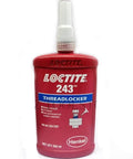 Red bottle of Loctite 243 Threadlocker 250ml for metal fasteners, medium strength adhesive.