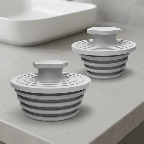 CONGARTENO Silicone Bathtub Drain Plug 2 Pack Gray Universal for 1.5-2 in. displayed on a countertop.