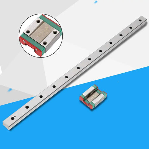 Miniature Linear Rail Guide 12mm Wide With Slide Block For Pro Grade Precision Equipment And Automation Systems 300mm Length 4 Point Contact For Rock Solid Motion, showing full view with close-up of slide block.